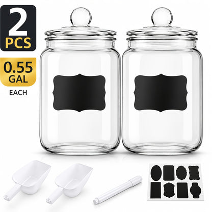 Glass Pantry Jars with Clamshell Lid Set of 2 - Airtight Food Storage Containers for Kitchen Countertop, Includes Spoons, Label Pen & Stickers, Reusable Round Glass Jars for Coffee, Pasta, Candy