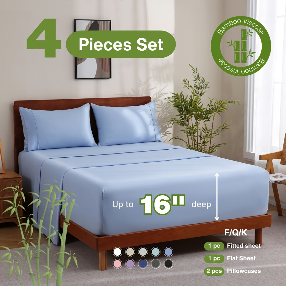 Bamboo Bed Sheet Set 4 Piece - 2000TC Cooling Sheets Deep Pocket 16 Inch, Luxury Soft Hotel Quality Fitted Sheet Flat Sheet Pillowcases, Wrinkle Shrink Resistant, Twin Full Queen King