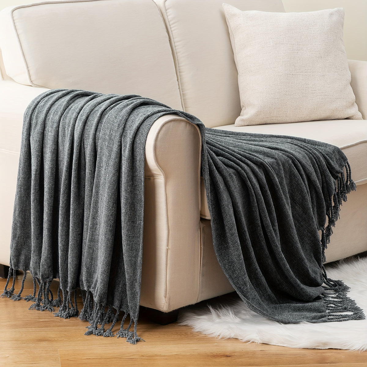 Boho Chenille Throw Blanket with Fringe 50x60 Inch – Soft Velvety Decorative Fringe Throw for Sofa Couch Bed Living Room Home Decor 17 Colors Cozy Gift for Women