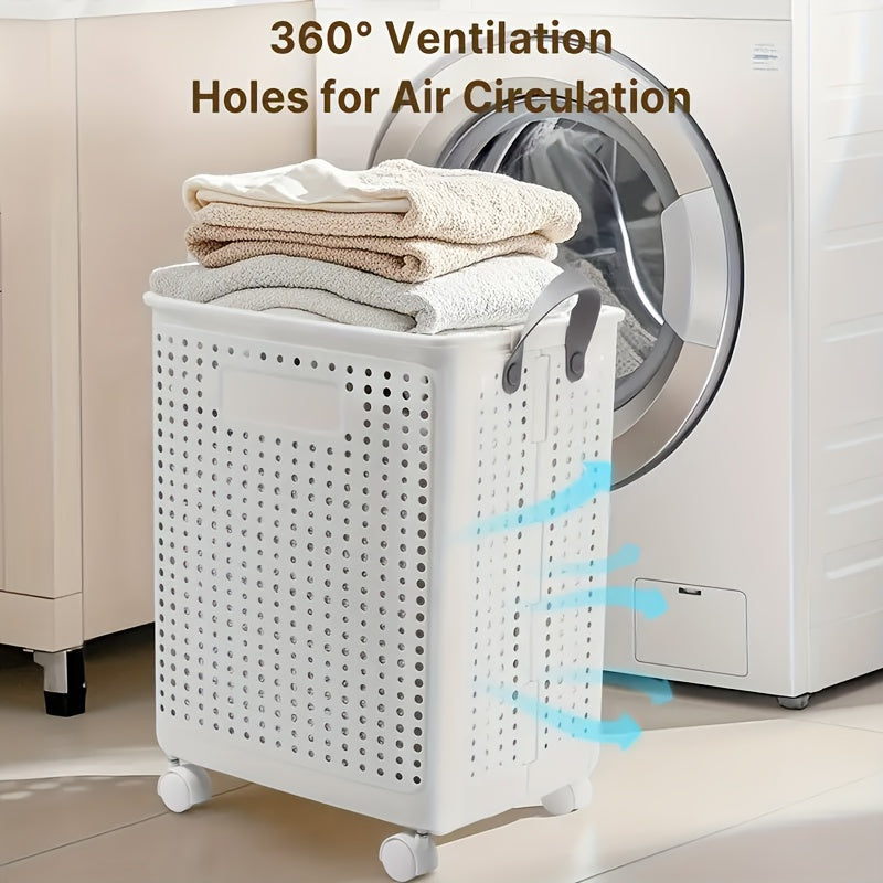 Foldable Laundry Basket with Wheels Large Capacity – Plastic Collapsible Wheeled Hamper for Bathroom, Balcony & Small Apartment, Portable Rolling Laundry Bin in Cream & White