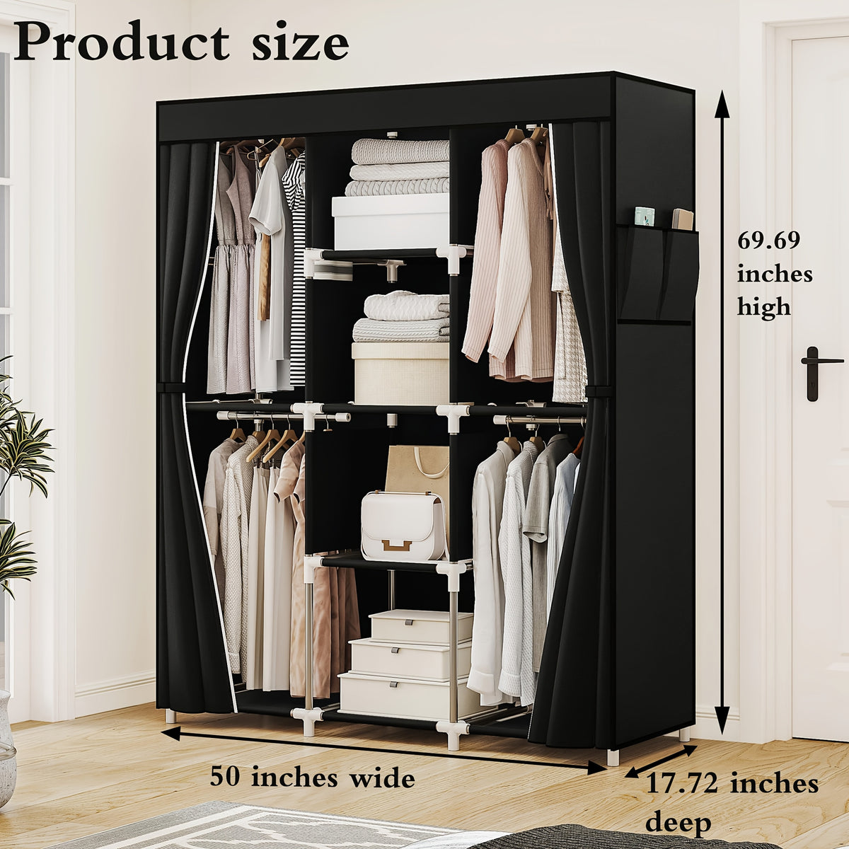 Portable Wardrobe Closet Organizer 51 Inch – Metal Hanging Rack with Non-Woven Fabric Cover, Freestanding Clothes Storage for Bedroom Apartment Dorm
