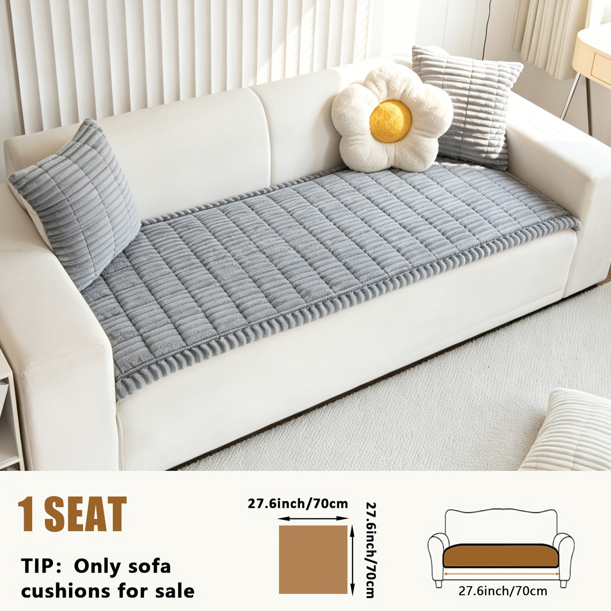 Sofa Cover Plush Velvet - Washable Stretch Couch Cover with Wavy Edge, Soft Shu Velveteen Sofa Protector for 1 2 3 4 Seater, Easy Install Furniture Cover in White Khaki Gray