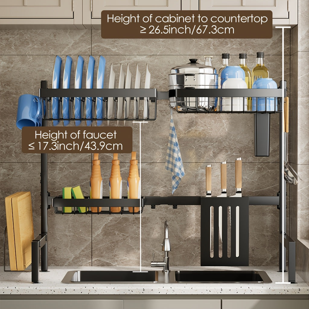 Over Sink Dish Drying Rack 2 Tier Expandable - 304 Stainless Steel Kitchen Dish Rack with Drainage Tray Utensil Holder Knife Holder Cutting Board Holder, Adjustable 30-34 Inch Black