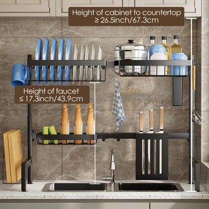 Over Sink Dish Drying Rack 2 Tier Expandable - 304 Stainless Steel Kitchen Dish Rack with Drainage Tray Utensil Holder Knife Holder Cutting Board Holder, Adjustable 30-34 Inch Black