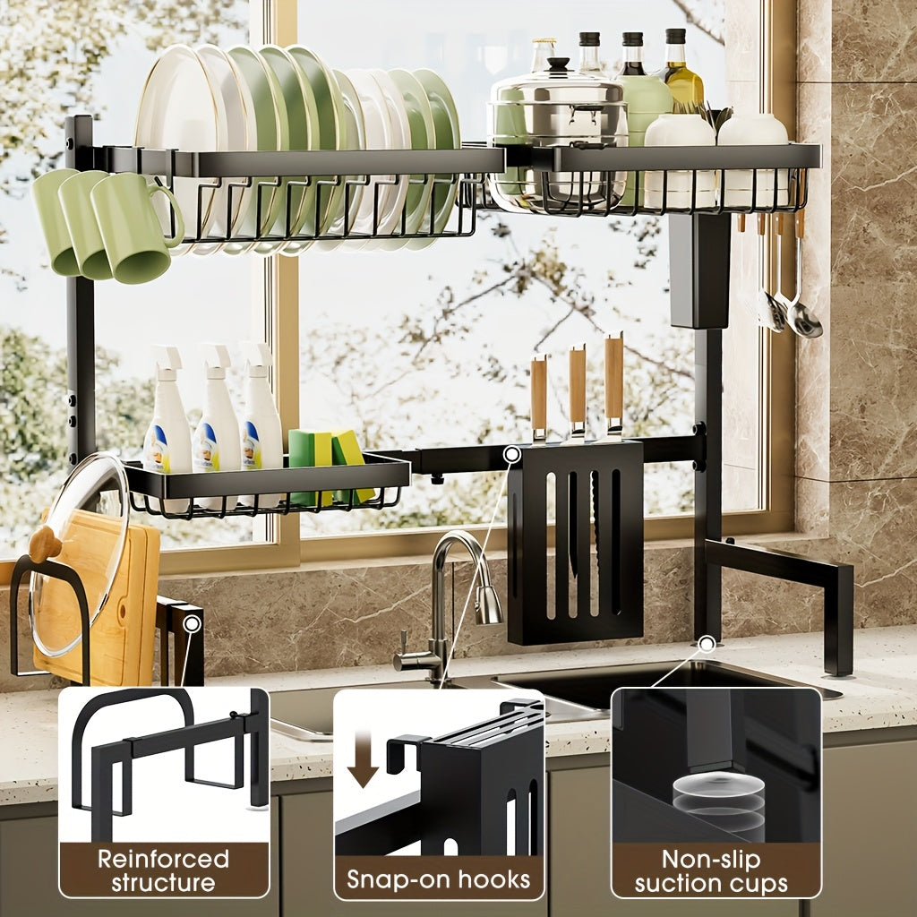 Over Sink Dish Drying Rack 2 Tier Expandable - 304 Stainless Steel Kitchen Dish Rack with Drainage Tray Utensil Holder Knife Holder Cutting Board Holder, Adjustable 30-34 Inch Black