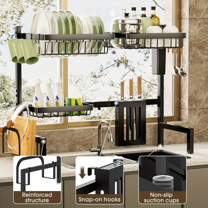 Over Sink Dish Drying Rack 2 Tier Expandable - 304 Stainless Steel Kitchen Dish Rack with Drainage Tray Utensil Holder Knife Holder Cutting Board Holder, Adjustable 30-34 Inch Black