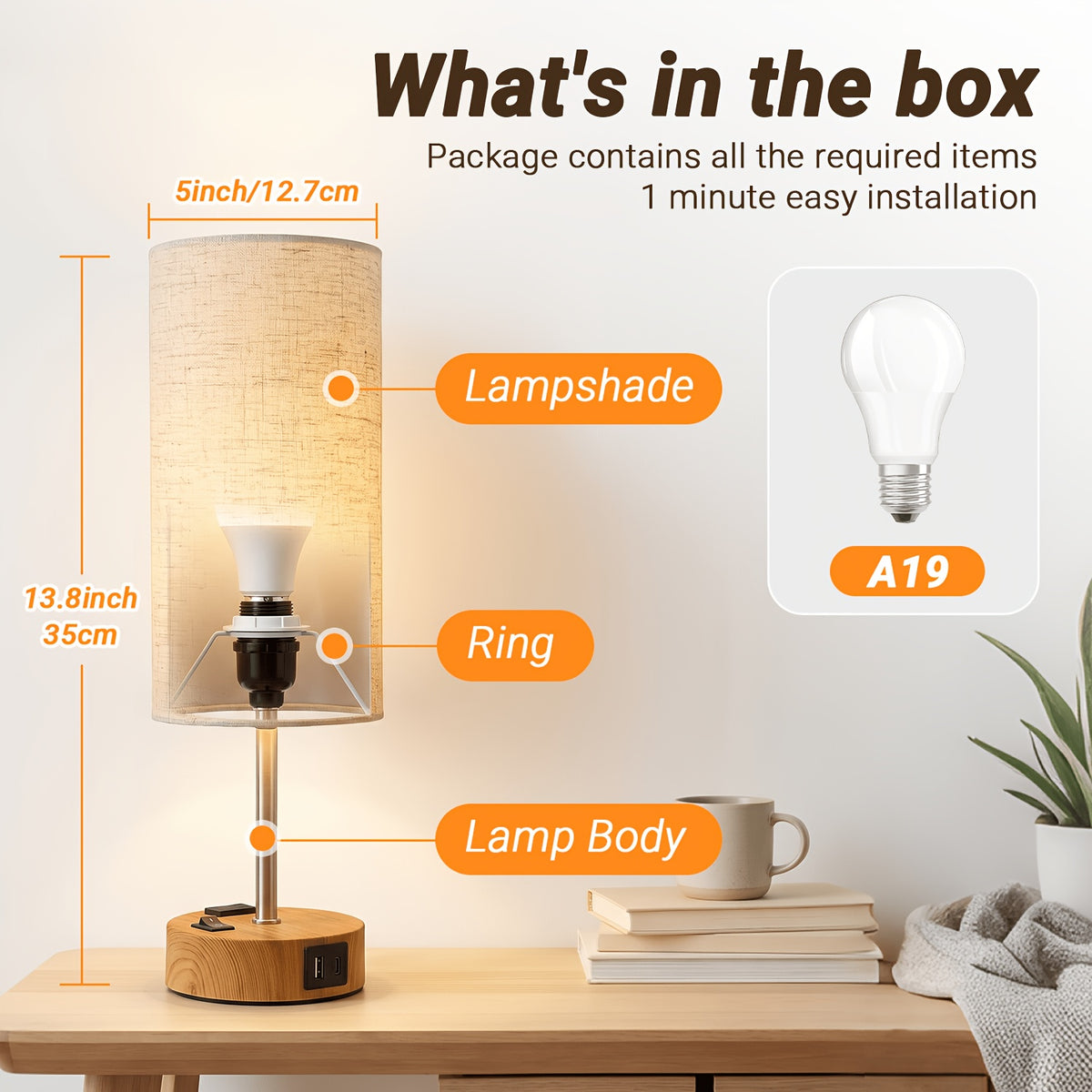 Dimmable Table Lamp with USB Charging Port and AC Outlet, 3-Way Touch Control Bedside Nightstand Lamp with Wood Metal Base and LED Bulb Included, Modern Desk Light for Bedroom Living Room Office