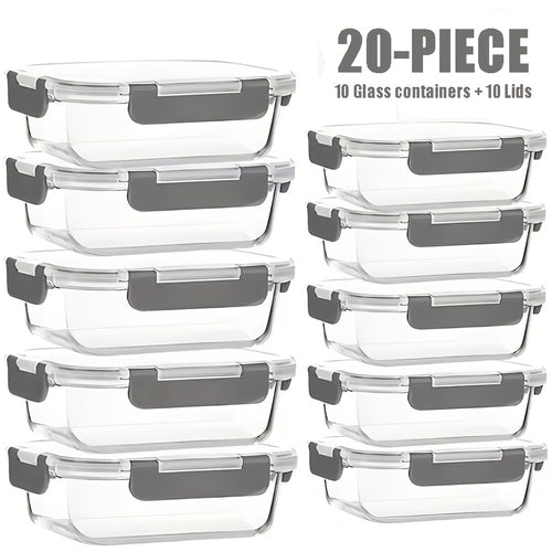 Glass Food Storage Containers 20-Piece Set 10 Containers + 10 Airtight Lids Stackable Meal Prep Containers, Oven Microwave Refrigerator & Dishwasher Safe – Space-Saving Kitchen Organization