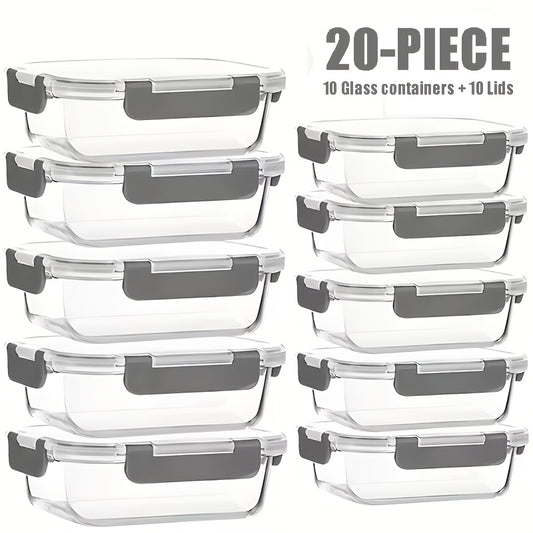 Glass Food Storage Containers 20-Piece Set 10 Containers + 10 Airtight Lids Stackable Meal Prep Containers, Oven Microwave Refrigerator & Dishwasher Safe – Space-Saving Kitchen Organization