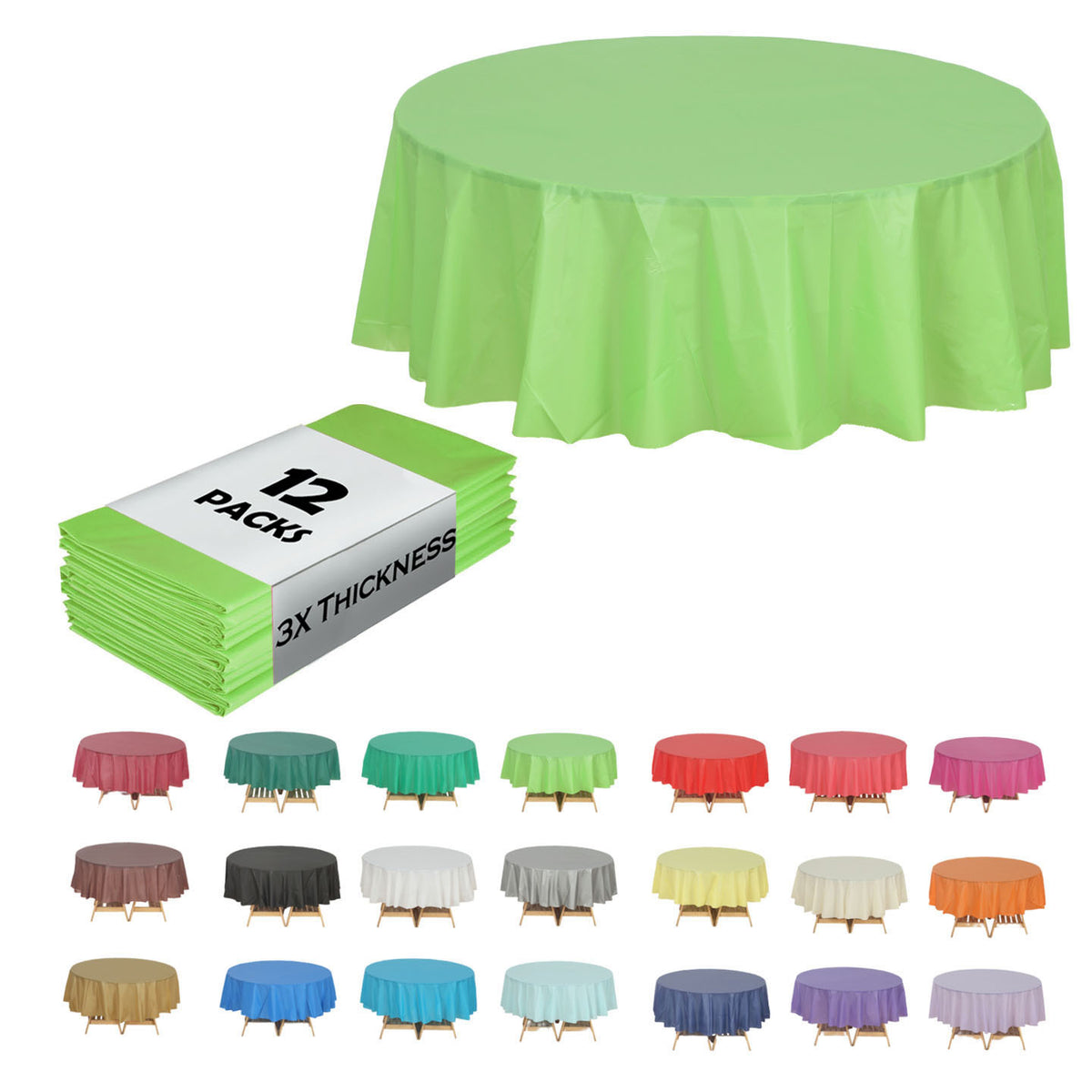 Disposable Plastic Tablecloth 12-Pack – Heavy Duty Table Cover for Parties, 84" Round & 54"x108" Rectangle, 22 Colors for Kitchen Dining Outdoor Events