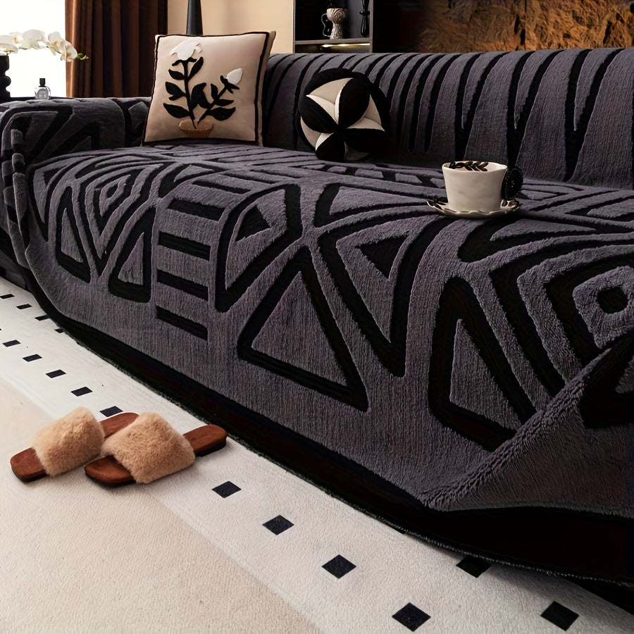 Sofa Cover Couch Protector Bohemian Retro Woven Velvet Throw Blanket – Pet Friendly Slip Resistant Machine Washable Soft Plush Slipcover for Armchair Loveseat 3 4 Seater Sectional Sofa White Grey Dark Gray