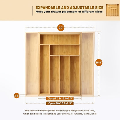 Expandable Bamboo Drawer Organizer 9-Compartment Adjustable Silverware Tray Cutlery Utensil Holder for Kitchen Bedroom Office Home Storage