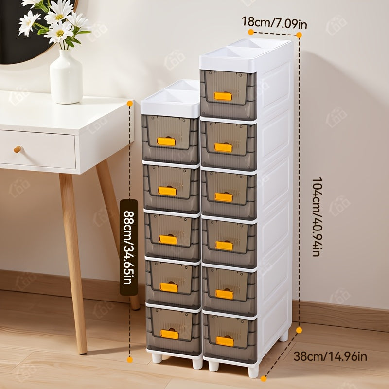Slim Storage Cabinet with Drawers 3 4 5 6 Tier, Waterproof PP Plastic Drawer Organizer Unit for Bathroom Kitchen Bedroom, Narrow Rolling Storage Cart with Wheels for Small Spaces