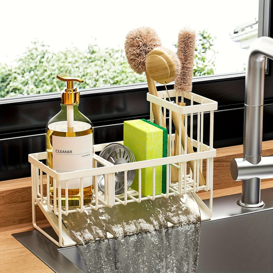 Kitchen Sink Organizer with Drain Tray - Heavy Duty 304 Stainless Steel Rust-Proof Sink Caddy, Sponge Holder, Brush Rack, Space-Saving Countertop Storage Basket for Kitchen Sink, Black