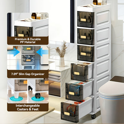 Slim Storage Cabinet with Drawers 3 4 5 6 Tier, Waterproof PP Plastic Drawer Organizer Unit for Bathroom Kitchen Bedroom, Narrow Rolling Storage Cart with Wheels for Small Spaces