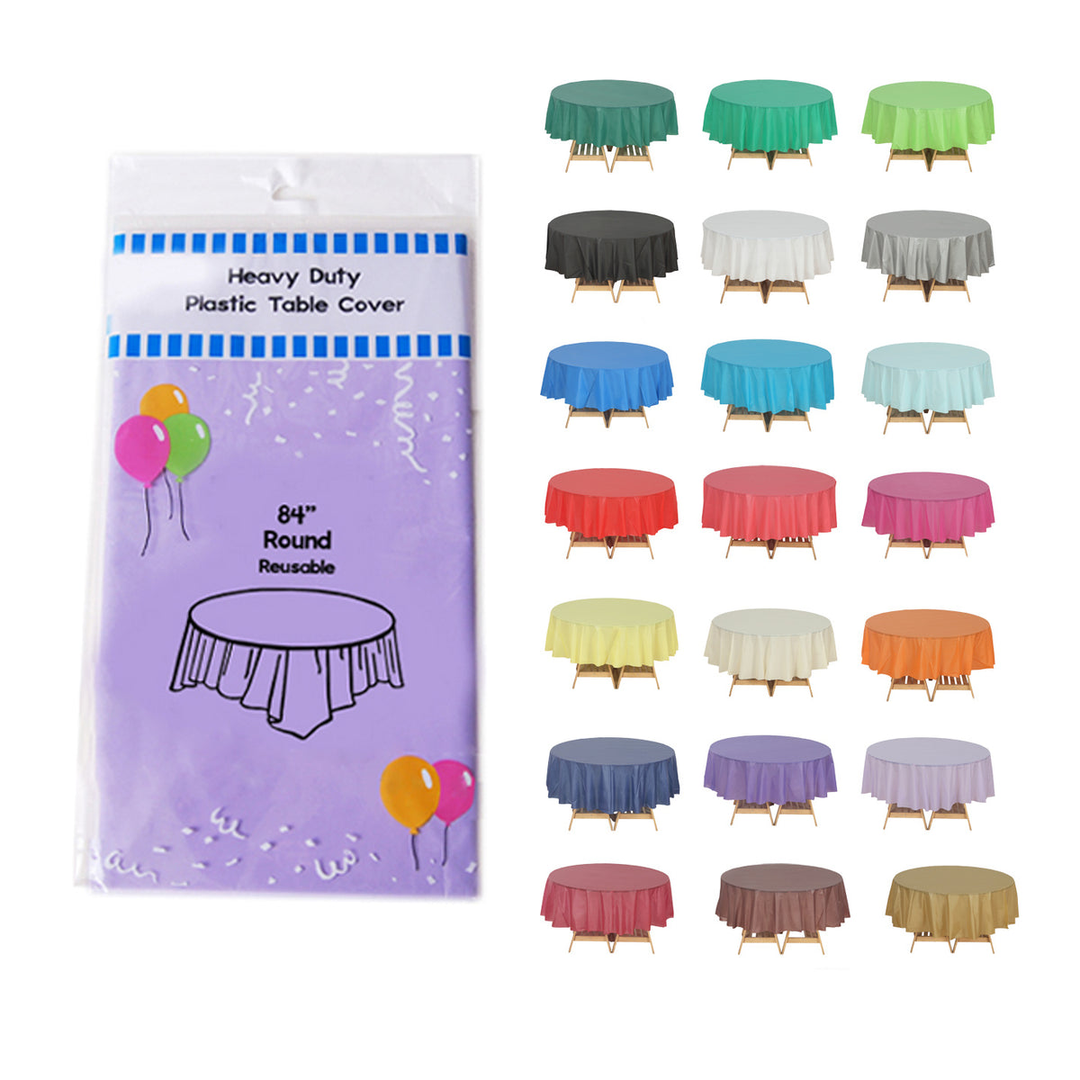 Disposable Plastic Tablecloth 12-Pack – Heavy Duty Table Cover for Parties, 84" Round & 54"x108" Rectangle, 22 Colors for Kitchen Dining Outdoor Events