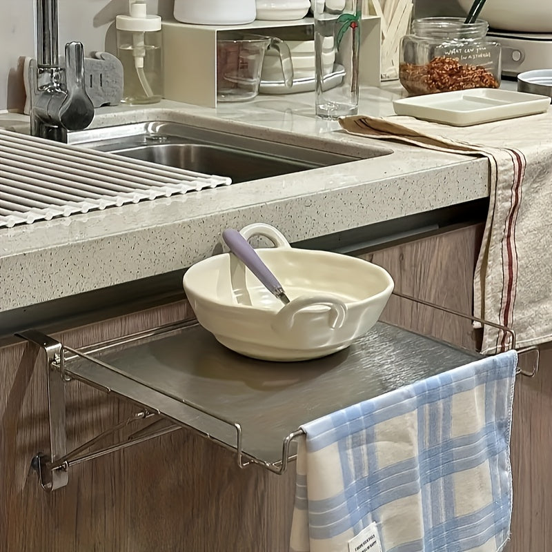 Over Cabinet Door Organizer Foldable Stainless Steel Countertop Storage Rack Kitchen Bathroom Hanging Shelf Space-Saving No-Drill Multi-Use Rack Silvery Black