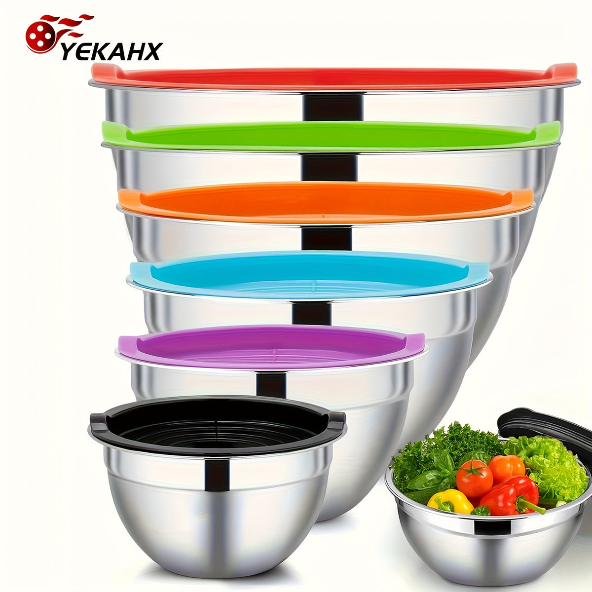Nesting Stainless Steel Mixing Bowls with Sealed Lids 7pcs Set 0.7 to 4.5Qt Rust Proof Dishwasher Safe Stackable Bowls for Cooking Baking Salad Serving