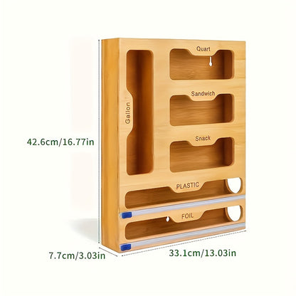 Bamboo Kitchen Drawer Organizer – Zip Bag, Foil & Plastic Wrap Dispenser with Built-In Cutter, Fits Gallon Quart Sandwich Snack Bags, Eco-Friendly Storage