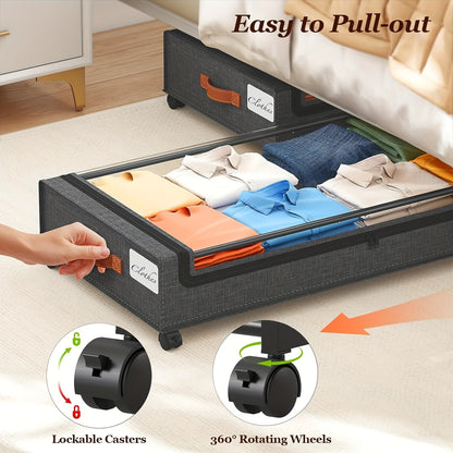 Under Bed Storage Boxes with Wheels 2-Pack - Sliding Wheeled Under Bed Organizer with Metal Drawer for Clothes, Shoes, Blankets, Bedding - Space Saving Bedroom Storage Solution, Black & Gray Options