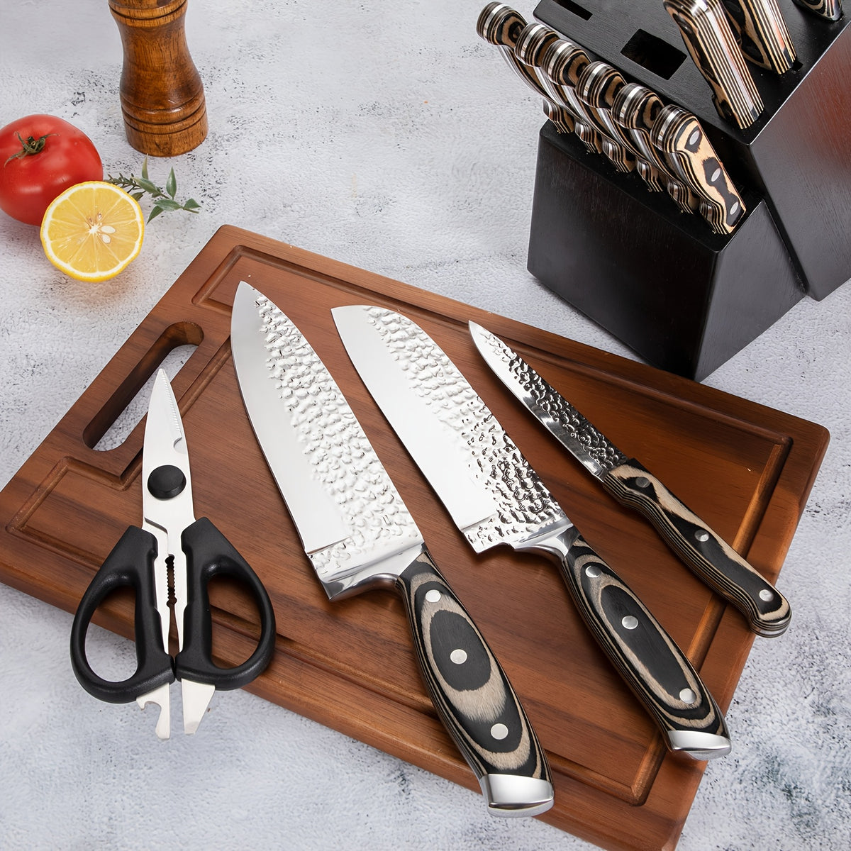 Knife Block Set with Self Sharpener 15pcs Hammered Stainless Steel Chef Knife Set with Wooden Block Steak Knives Self Sharpening Kitchen Knives Gift for Men Family
