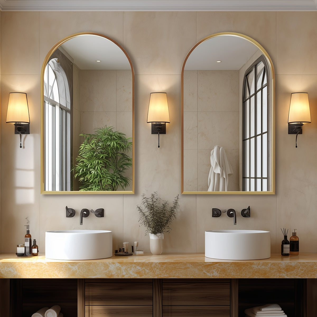 Gold Black Arch Mirror Wall Mounted Metal Frame Arched Wall Mirror Multiple Sizes for Bathroom Bedroom Entryway Living Room Vanity