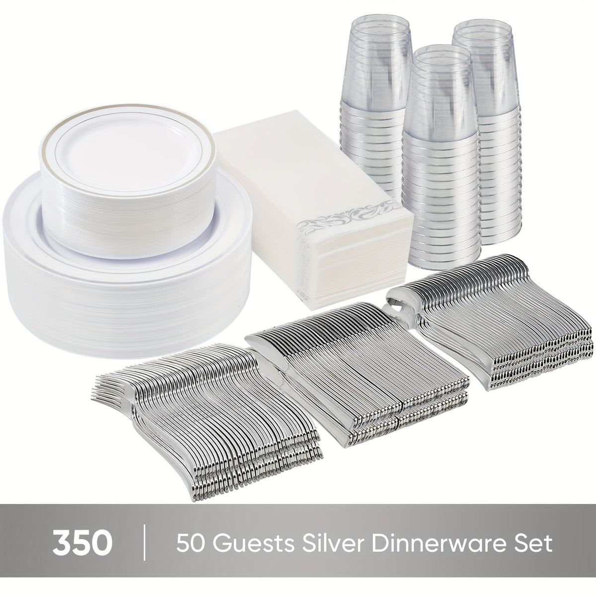 Disposable Plates for Parties 350/700 Piece Dinnerware Set with Dinner Plates, Salad Plates, Cups, Cutlery & Napkins – Gold & Silver for Wedding, Birthday, Graduation, Holiday Celebrations