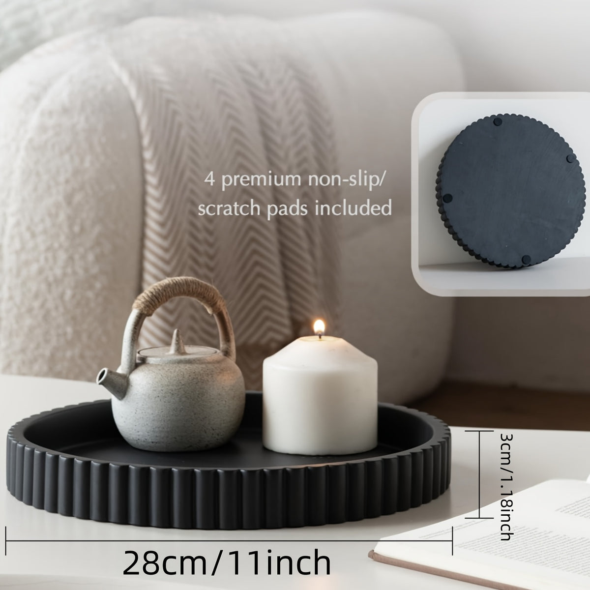 Decorative Wood Tray for Coffee Table & Living Room – 11" Round Fluted Serving Tray, Ottoman Centerpiece, Jewelry Organizer, Home Decor Gift