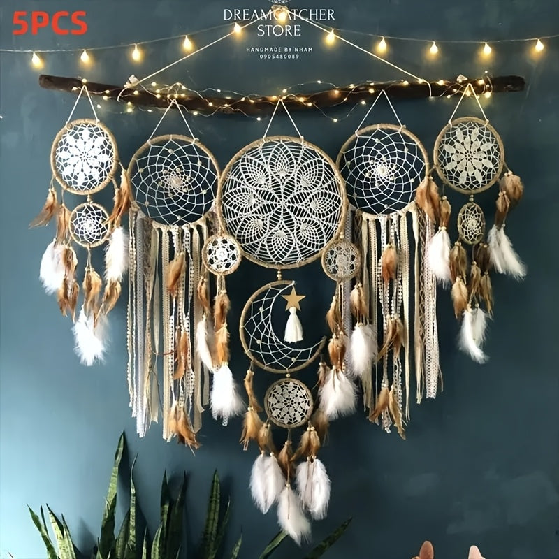 Dream Catcher 5 Pack Large Handmade Boho Wall Decor with Moon & Sun Design – Camel Feather Wall Hanging for Bedroom, Nursery & Living Room – Perfect Christmas & Thanksgiving Gift