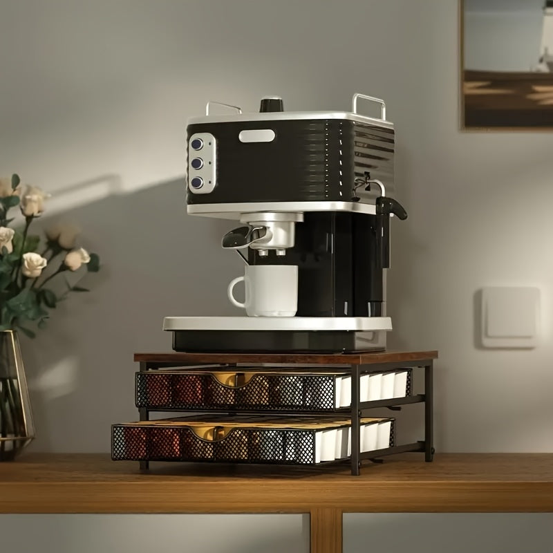 K-Cup Storage Drawer Metal Coffee Pod Holder – Sliding Basket Capsule Organizer for Kitchen Counter, Holds 48 Double-Layer Coffee Capsules, Space-Saving Countertop Coffee Station, Brown