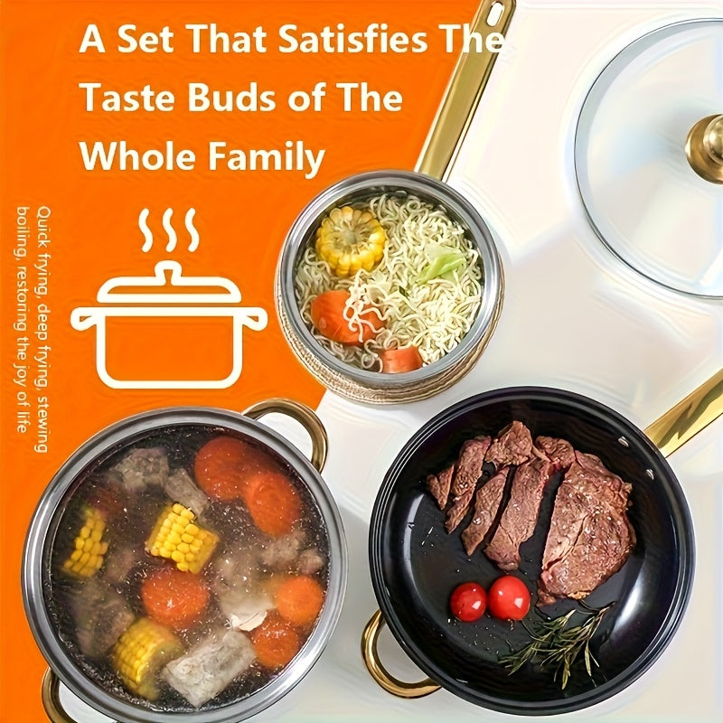 Stainless Steel Cookware Set 12-Piece 304 Non-Stick Induction Compatible Pots & Pans with Lids and Dual Handles for Soup, Hot Pot, Pasta, Seafood & Rice – Orange or Natural