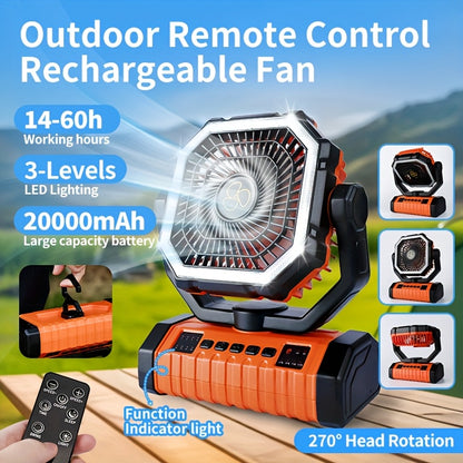 20000mAh Camping Fan with Built-In LED Light – USB Rechargeable Portable Outdoor Cooling Fan, Rugged Sturdy Handle for Tent Hiking Fishing, Compact Design, Green & Orange