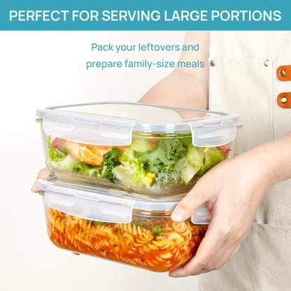 Large Glass Baking Dish Set 2 Pack 63oz/1860ml – Borosilicate Glass Food Storage Containers with Snap Airtight Lids, Oven Microwave Freezer Dishwasher Safe, Leak-Proof Meal Prep Containers