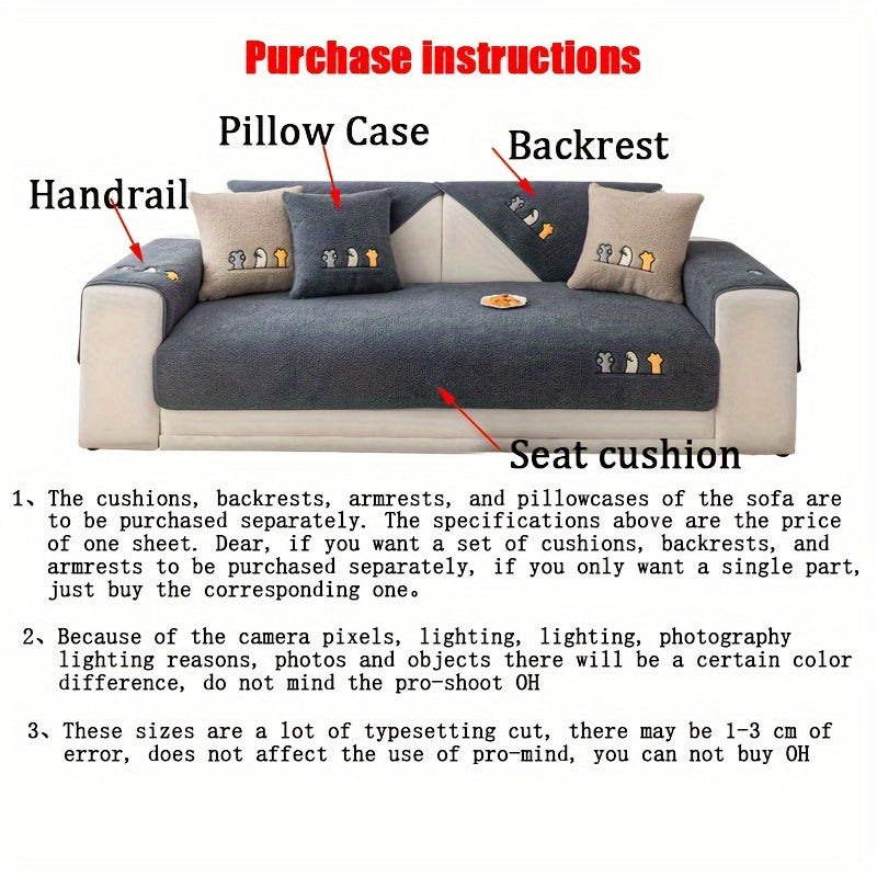 Sofa Cover Plush Shearling Non-Slip Pet-Friendly – Thick Couch Protector with Animal Bone Embroidery for 2 3 4 Seater, Soft Warm Slipcover for Living Room Bedroom Office in Dark Gray Off White Coffee Black