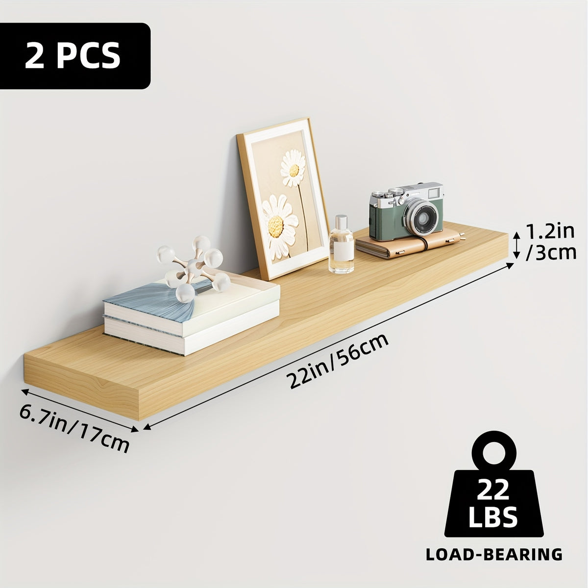 Floating Shelves Wall Mounted Wood – Set of 2, 4 or 6, 15.7” / 19.7” / 22”, Heavy Duty 30 lb Capacity, Wooden Wall Shelf for Living Room, Kitchen, Bathroom & Bedroom, Brown Black White Walnut Gray