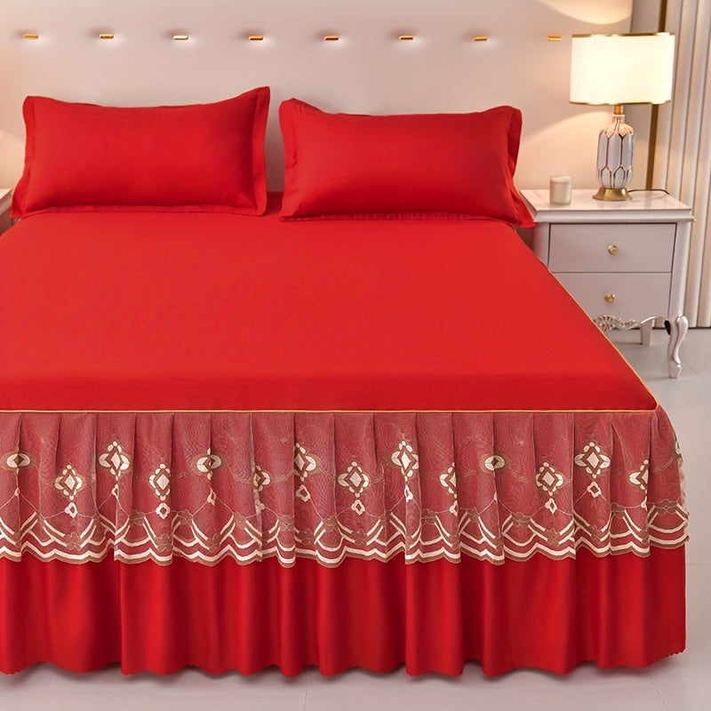 Macrame Bed Skirt Set 3 Piece with Pillowcases – Double Layer Lace Non-Slip Bedding for Twin Full Queen King, All Seasons, Red Grey Navy Purple