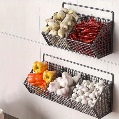 Kitchen Wall Organizer Wire Storage Shelf – No Drill Traceless Wall Rack for Garlic, Onions, Vegetables & Spices, 2 or 3 Grid Space-Saving Compact Kitchen Storage, Black