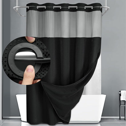 Hookless Shower Curtain with Snap Liner – Waffle Texture Double Layer Panels, No Hooks Required, Hand Washable Curtain & Liner Set for Home Hotel Bathroom, 74x71 Inch, Grey White Black Matcha