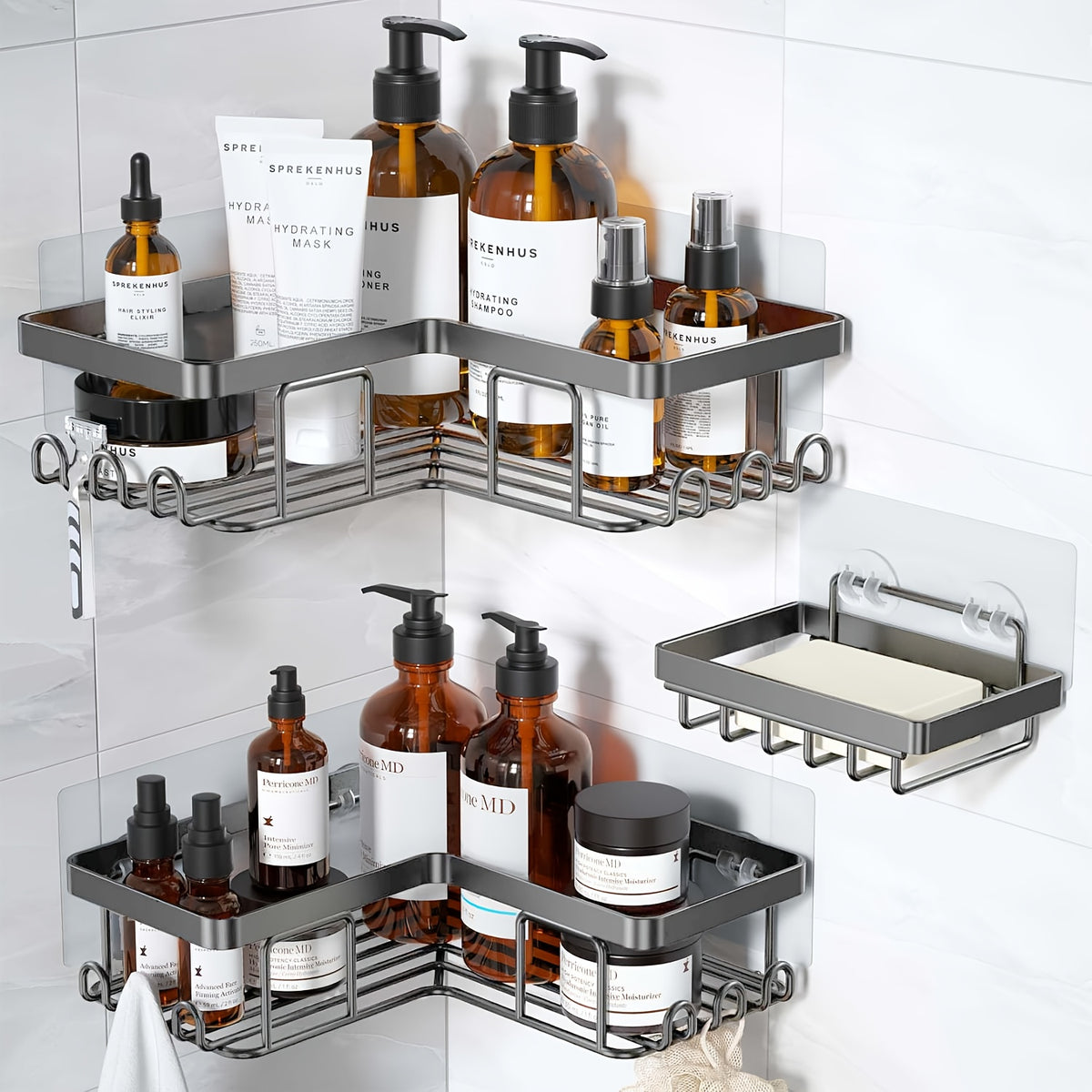 Corner Adhesive Shower Caddy 3 Pack – No Drill Wall Mounted Shower Organizer with Soap Holder & 12 Hooks, Rustproof Stainless Steel Bathroom Shelf, 8 Colors
