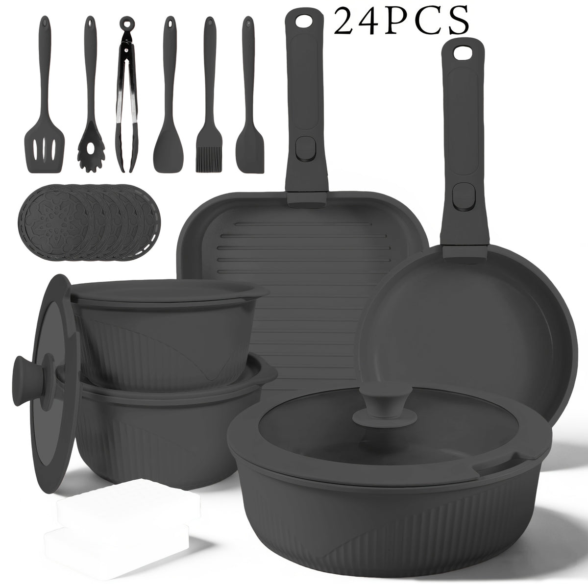 Non-Stick Cookware Set with Removable Handles, 5 7 24 Piece Induction Ready Pots and Pans Set, Stackable Space Saving Kitchen Set with Skillet Frying Pan Soup Pot Steak Pan, Easy to Clean, Multiple Colors