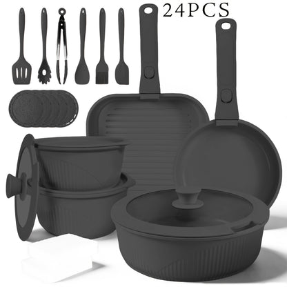 Non-Stick Cookware Set with Removable Handles, 5 7 24 Piece Induction Ready Pots and Pans Set, Stackable Space Saving Kitchen Set with Skillet Frying Pan Soup Pot Steak Pan, Easy to Clean, Multiple Colors
