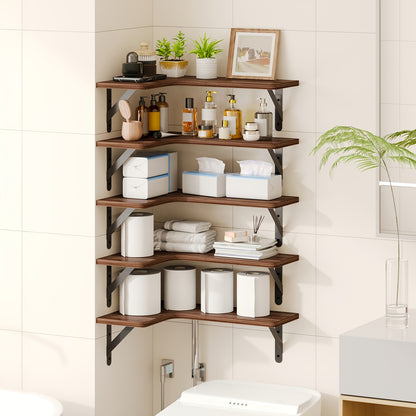 Corner Floating Shelves Rustic Wood 5 or 6 Piece Wall Mounted Heavy Duty Space Saving Storage Shelf for Bathroom Kitchen Bedroom Living Room, Easy Install 8 Colors