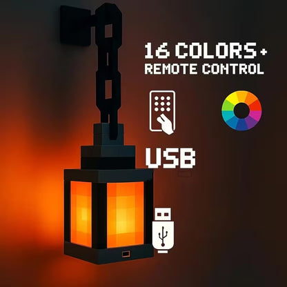 Pixel Lantern Night Light 16 RGB Colors with Remote - USB Rechargeable LED Mood Lamp for Bedroom Gaming Room Desk Wall Decor, Eye-Friendly Glow for Kids Teens Adults, Halloween Christmas Gift
