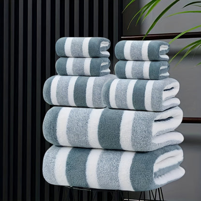 Bath Towel Set 8 Piece - Super Absorbent Soft Two-Color Striped Bathroom Towels, 2 Bath Towels 2 Face Towels 4 Hand Towels, No Hair Loss, Grey Red Blue Green
