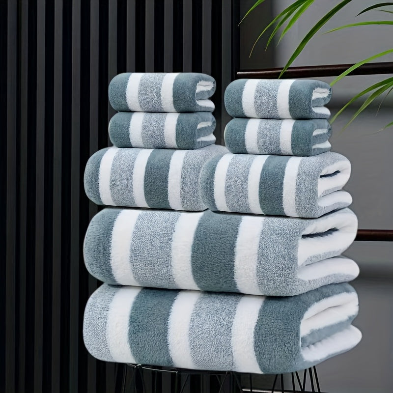 Bath Towel Set 8 Piece - Super Absorbent Soft Two-Color Striped Bathroom Towels, 2 Bath Towels 2 Face Towels 4 Hand Towels, No Hair Loss, Grey Red Blue Green