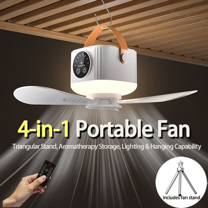 Portable Tent Fan with Remote Control & Triangular Stand – USB Rechargeable Camping Fan with Hanging Hook, Aromatherapy Function, 3 Speeds, Emergency Survival Fan for Canopy Tent, Outdoor & Bedroom