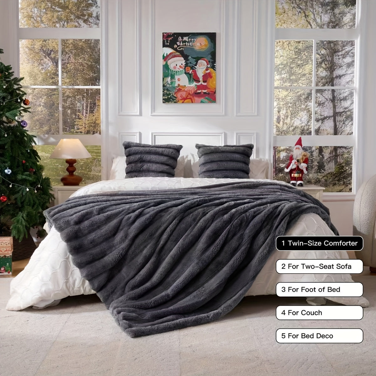 Faux Rabbit Fleece Blanket, Double Layer Thickened Soft Warm Throw – All Season Reversible Blanket for Adults, Couch, Bed & Travel, Machine Washable, Throw / Twin XL / Queen / King, Grey Khaki Beige