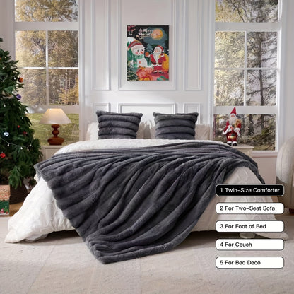 Faux Rabbit Fleece Blanket, Double Layer Thickened Soft Warm Throw – All Season Reversible Blanket for Adults, Couch, Bed & Travel, Machine Washable, Throw / Twin XL / Queen / King, Grey Khaki Beige