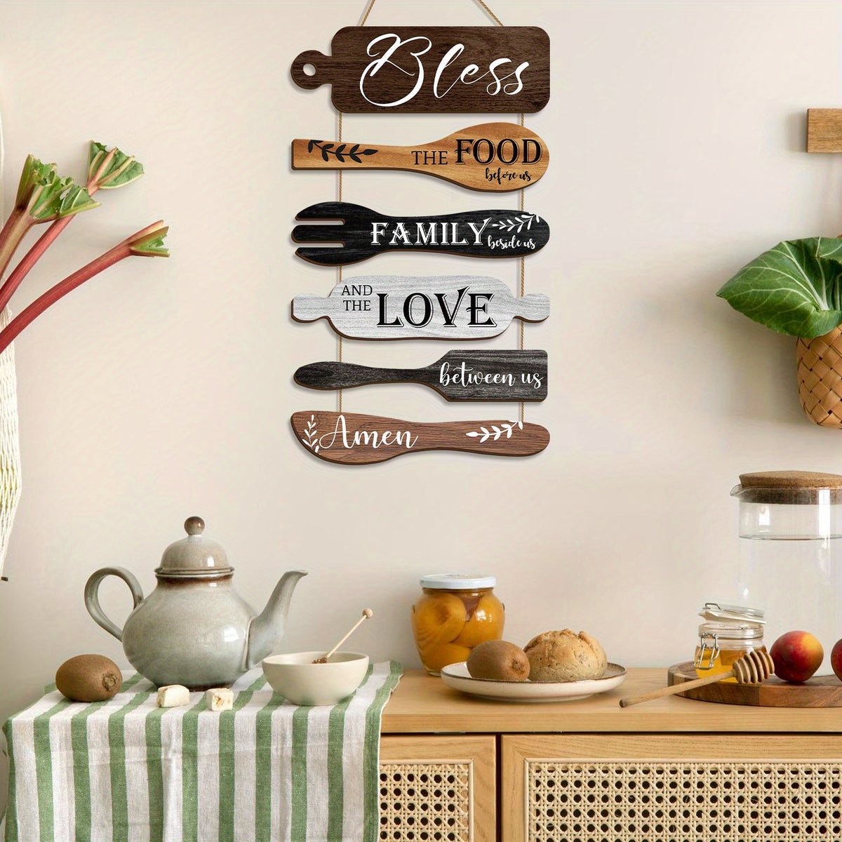 Farmhouse Kitchen Wall Decor Wood Sign Set – Bless The Food Before Us Rustic Dining Room Hanging Wall Art Rope Plaque, 6 Pieces Wood Board
