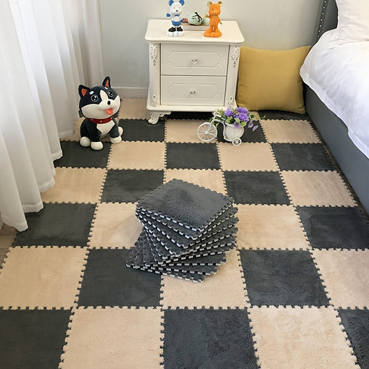 Interlocking Foam Floor Tiles 12pcs EVA Non-Slip Washable – Soft Solid Color Puzzle Mat for Bedroom Living Room Kids Play Area Pet Space, Grey Pink Apricot Purple